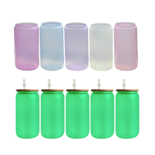 16oz UV Glow in Dark Color Changing Glass Can with Lid and Straw