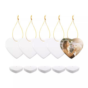 Xmas Sublimation Blank Ceramic Home Hanging Decoration with Gold Rope Heart Shape