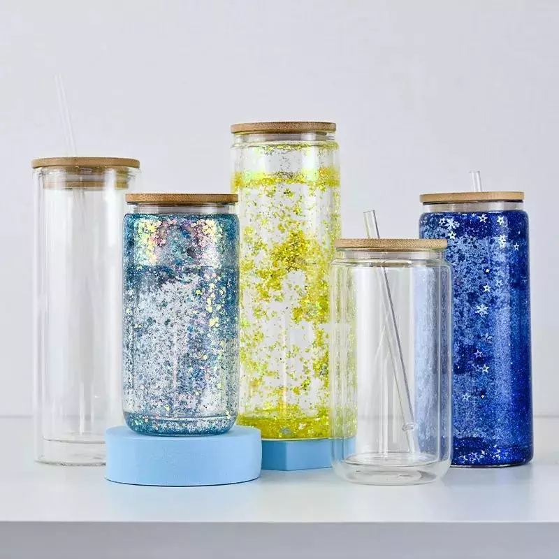 Snow Globe Sublimation Ready Glass Can tumblers with bamboo lid and – ACC  Sublimation Blanks & Designs