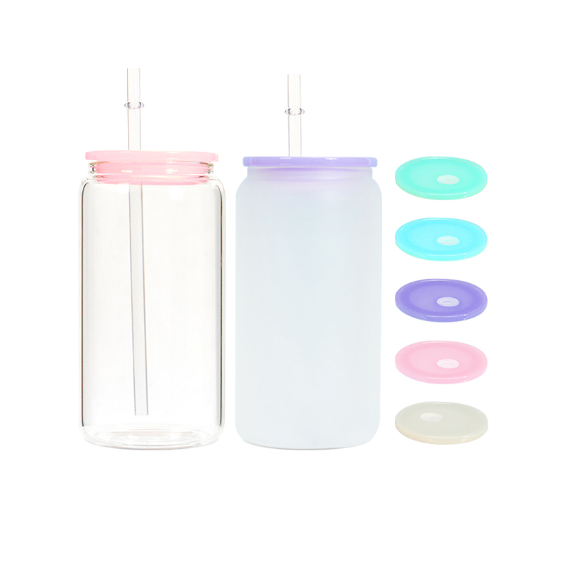 Clear Sublimation Glass Can (Plastic Colorful Lids) 16oz
