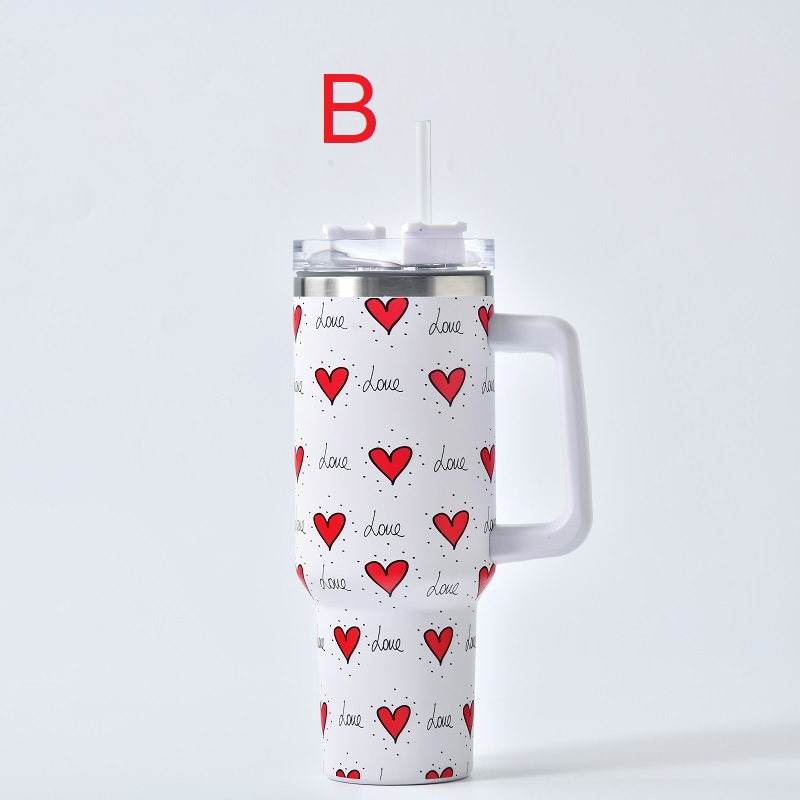 Valentines Theme Printed 40oz Double Wall Stainless Steel Vacuum Tumbler  With Handle - Screw On Matching Lid With Contrast Grip Featuring 3  Positions (Straw, Wide Mouth & Full Cover) - Sturdy Handle (