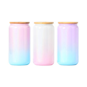 16oz Sublimation Gradient Glitter Iridescent Glass Can with Bamboo Lid