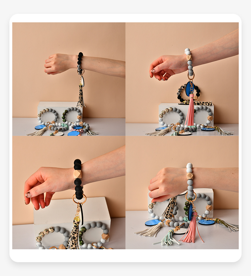 Silicone Key Ring Bracelet Wristlet Keychain with Leather Tassel