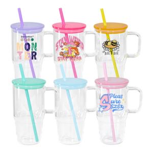 20oz Colored/Clear/Frosted Sublimation Glass Mugs with Handle Colorful Straws& Lids