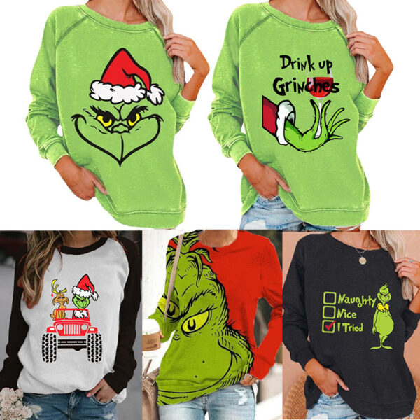 Christmas Grinch Crewneck Sweatshirt for Women Novelty Hoodie Casual Pullover