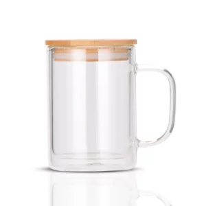 display-of-15oz-clear/frosted-sublimation-glass-tumbler-with-handle-&-bamboo-lid
