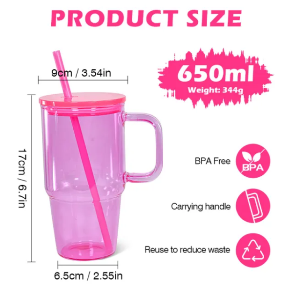 20oz Colored/Clear/Frosted Sublimation Glass Mugs with Handle Colorful Straws& Lids