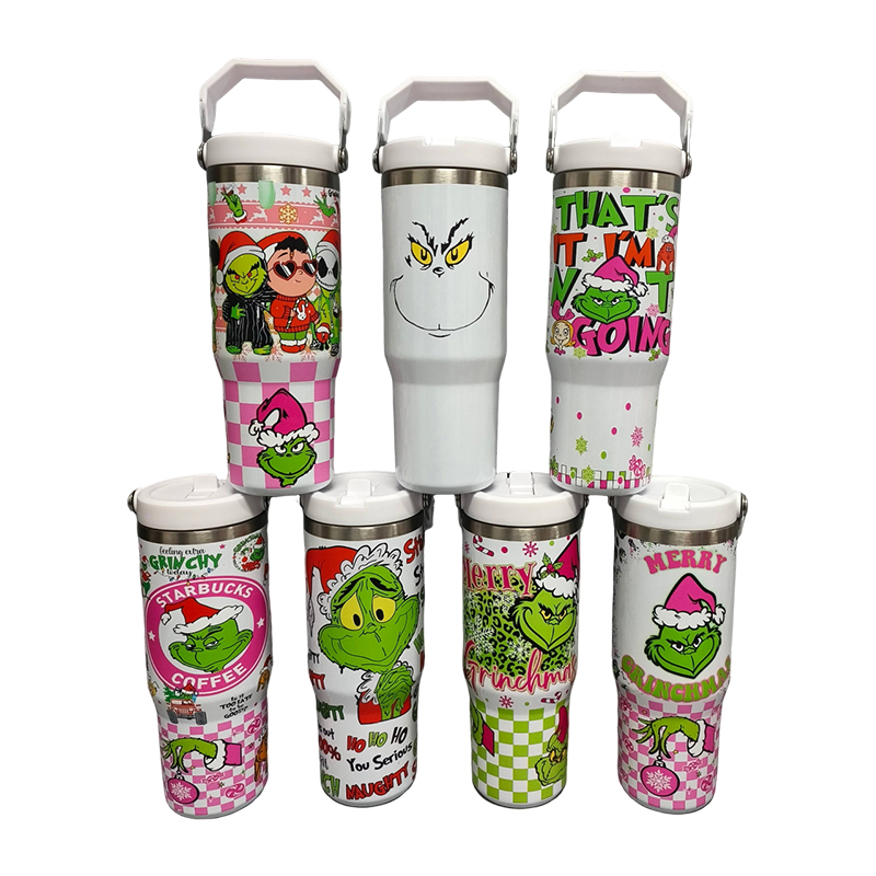 Wholesale 30oz Grinch Stainless Steel Tumblers with Lifting Handle and Lid