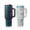40oz Stainless Steel Iridescent Plated and Laser Engraved Travel Mug with Handle 40oz Stainless Steel Iridescent Plated and Laser Engraved Travel Mug with Handle