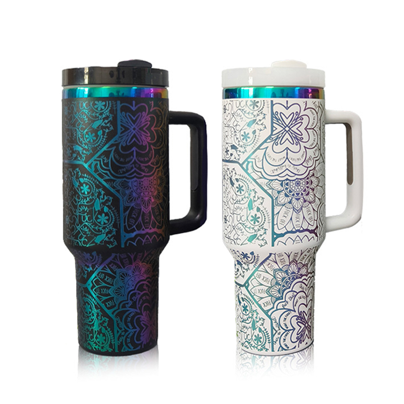 40oz Stainless Steel Iridescent Plated and Laser Engraved Travel Mug with Handle