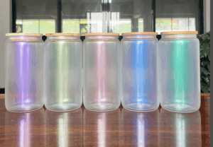 16oz Iridescent Glass Tumblers With Bamboo Lid Sublimation Blank