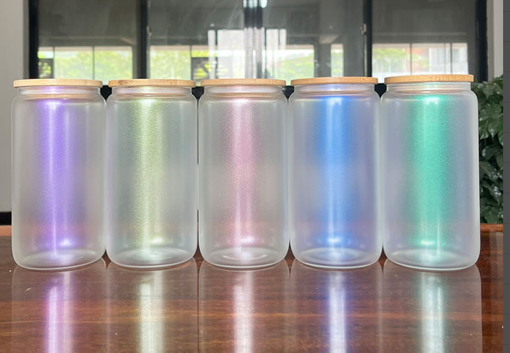 16oz Iridescent Glass Tumblers With Bamboo Lid Sublimation Blank