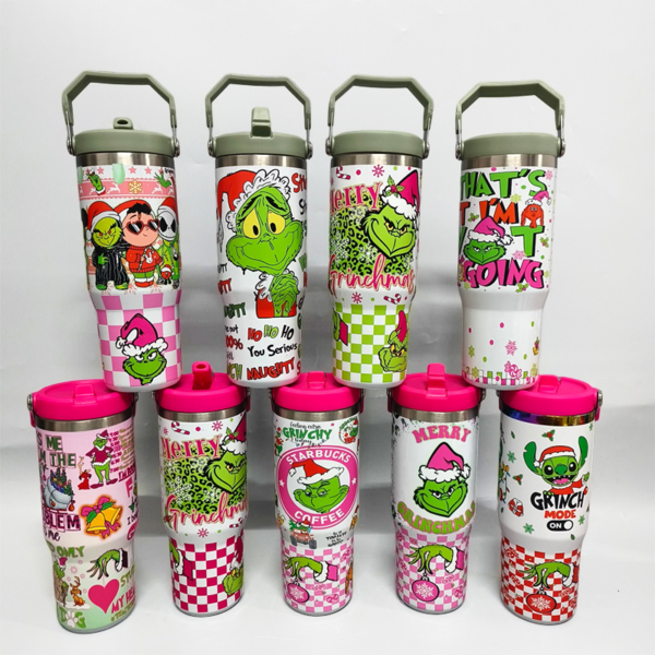 Wholesale 30oz Grinch Stainless Steel Tumblers with Lifting Handle and Lid