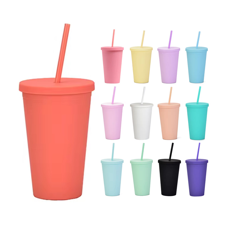 16oz Candy Color Plastic Acrylic Tumbler Coffee Cups With Straws
