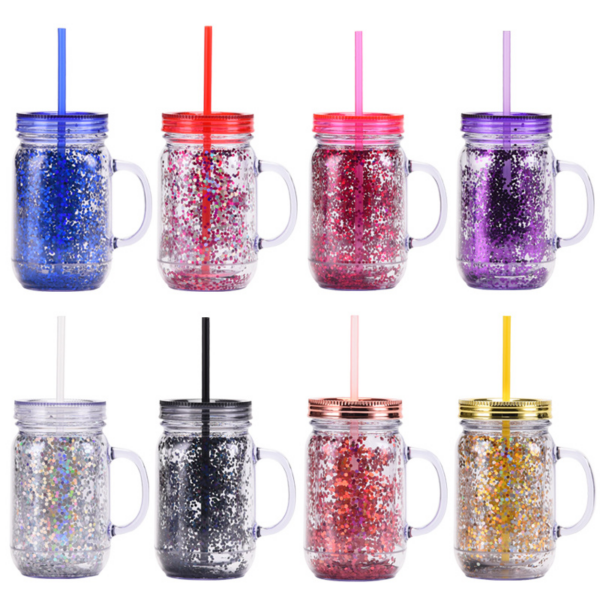 20oz Double Wall Rough Glitter Plastic Cans with Handle