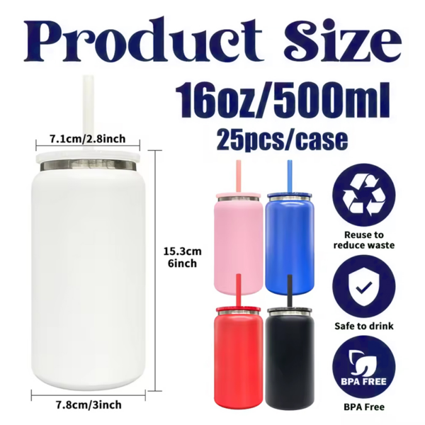 16oz Vacuum Black Plated Underneath Powder Coated Stainless Steel Soda Can
