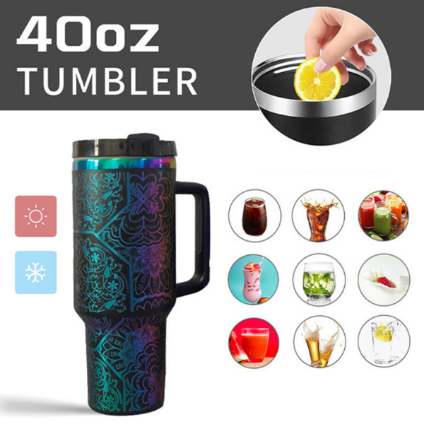 40oz Stainless Steel Iridescent Plated and Laser Engraved Travel Mug with Handle