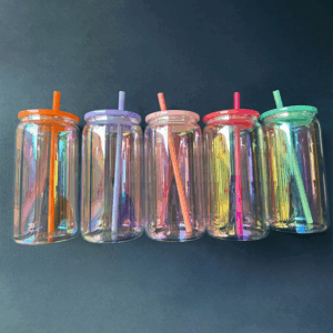 16oz Rainbow Plated Beer Glass Can with Colored Lids & Straws