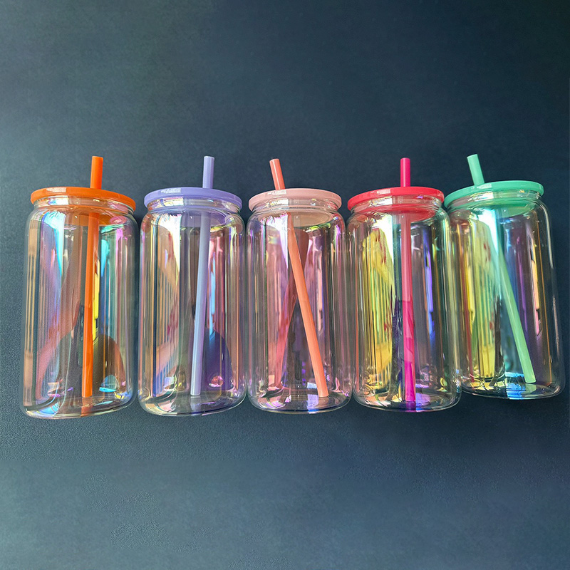 16oz Rainbow Plated Beer Glass Can with Colored Lids & Straws