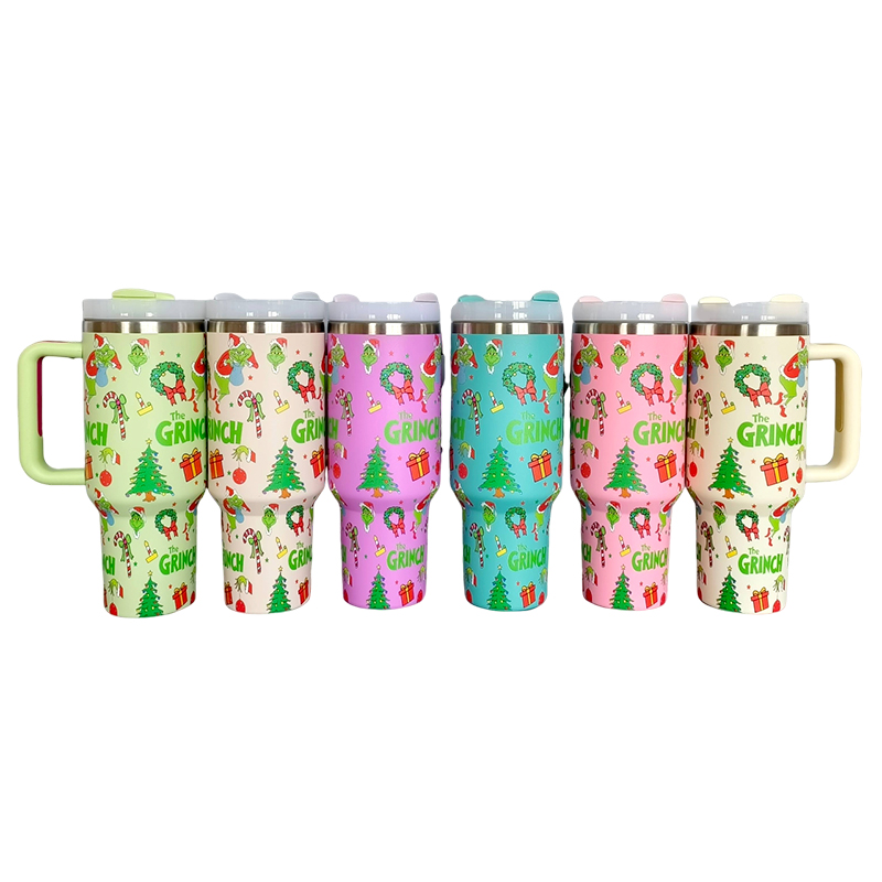 40oz Grinch Full Print Stainless Steel Tumblers with Colored Handle G2