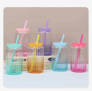 Sublimation 16oz Borosilicate Ribbed Glass Can with Colored PP Lids & Straws