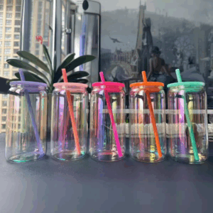 16oz Rainbow Plated Beer Glass Can with Colored Lids & Straws