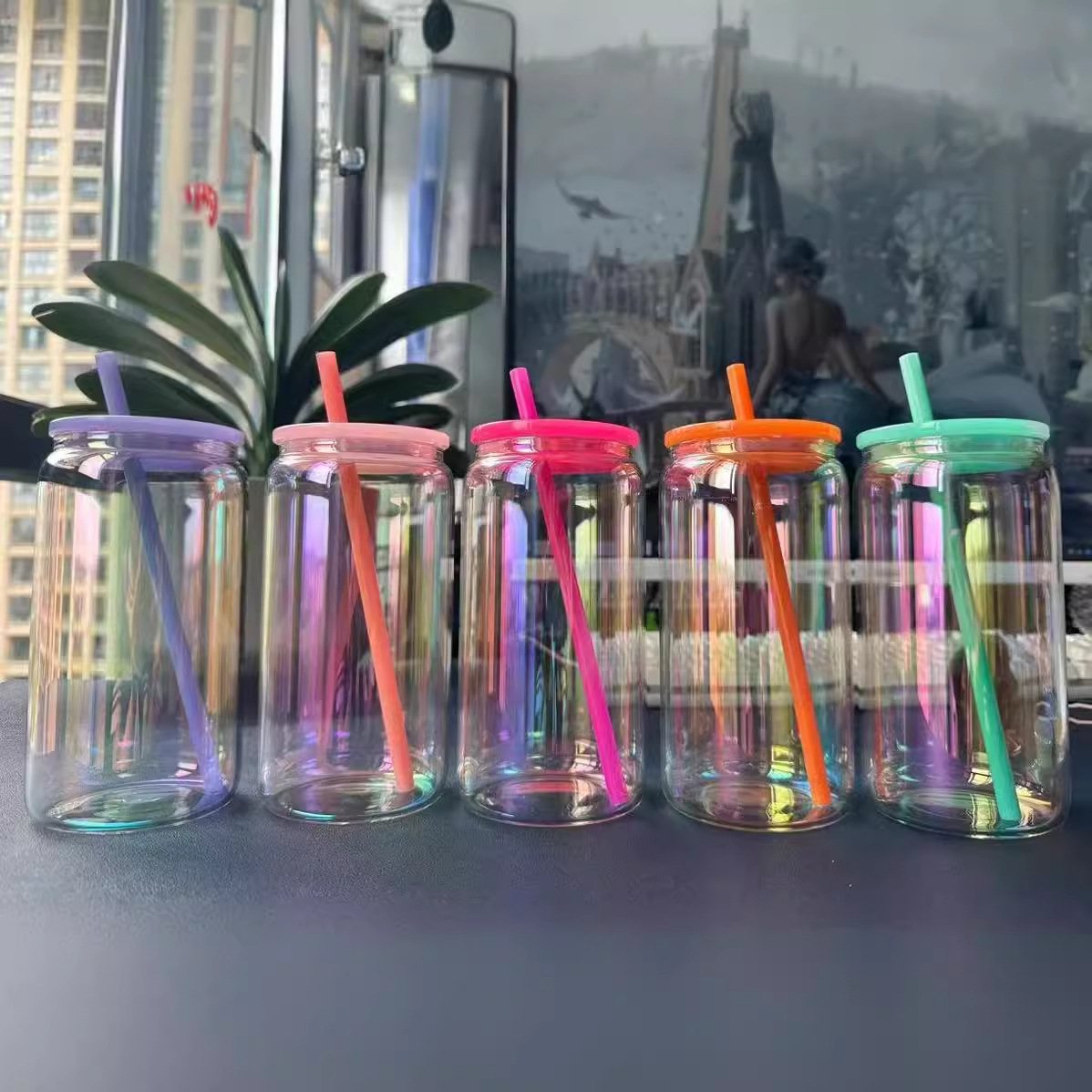 16oz Rainbow Plated Beer Glass Can with Colored Lids & Straws