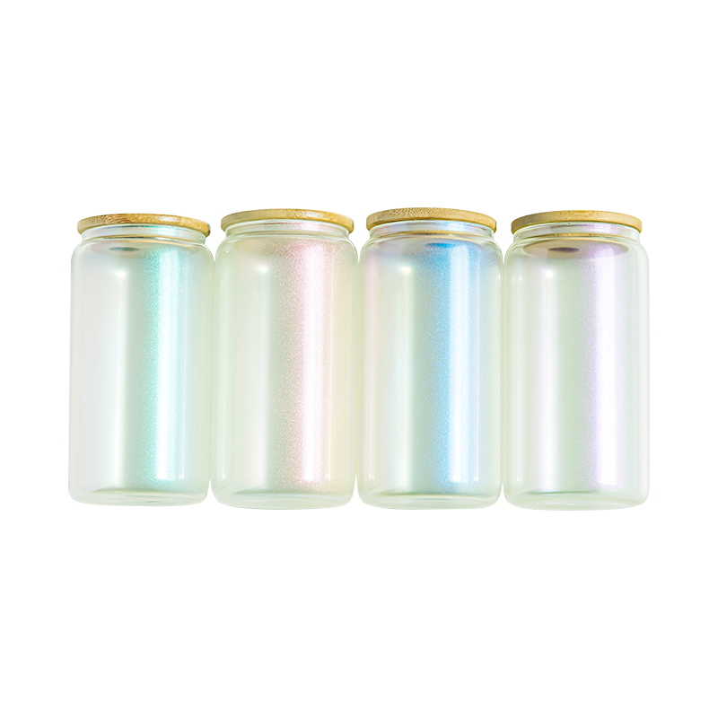 16oz Iridescent Glass Tumblers With Bamboo Lid Sublimation Blank