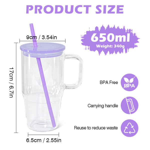 20oz Colored/Clear/Frosted Sublimation Glass Mugs with Handle Colorful Straws& Lids
