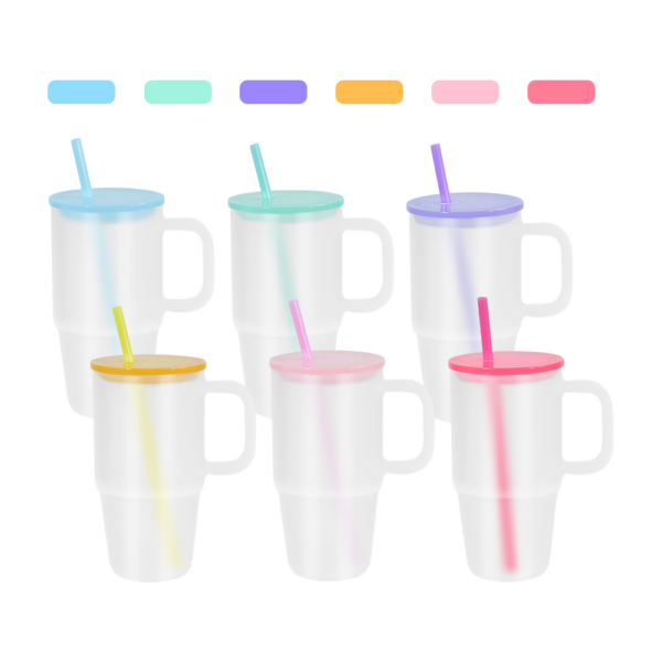 20oz Colored/Clear/Frosted Sublimation Glass Mugs with Handle Colorful Straws& Lids