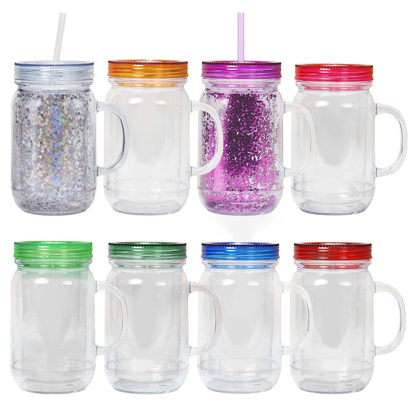 20oz Double Wall Rough Glitter Plastic Cans with Handle