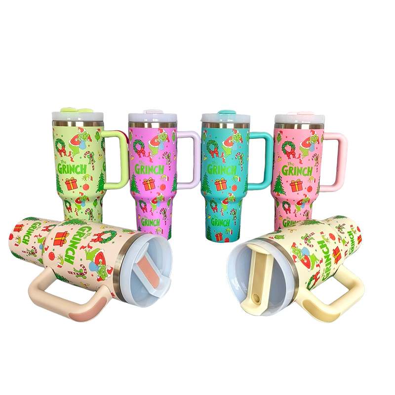 40oz Grinch Full Print Stainless Steel Tumblers with Colored Handle G2