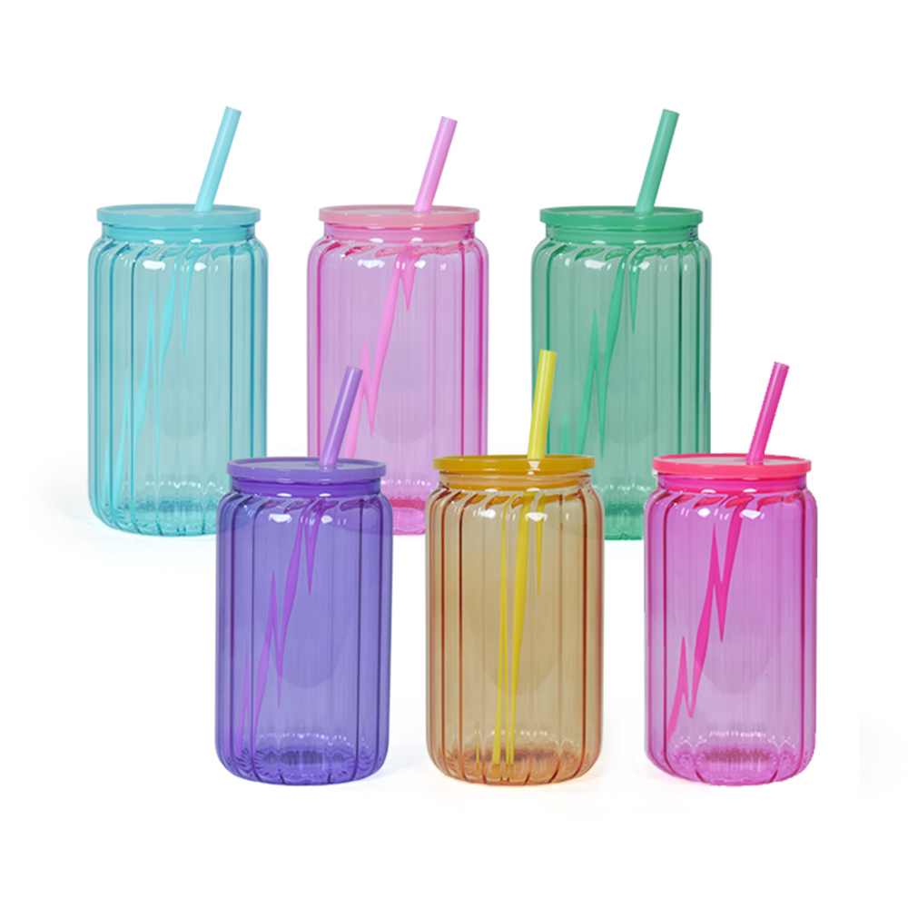 Sublimation 16oz Borosilicate Ribbed Glass Can with Colored PP Lids & Straws