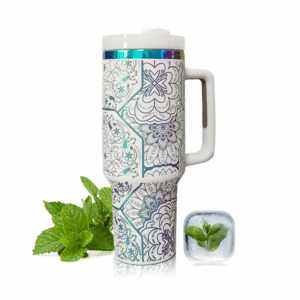 40oz Stainless Steel Iridescent Plated and Laser Engraved Travel Mug with Handle