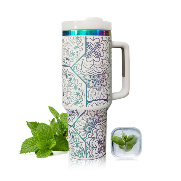 40oz Stainless Steel Iridescent Plated and Laser Engraved Travel Mug with Handle