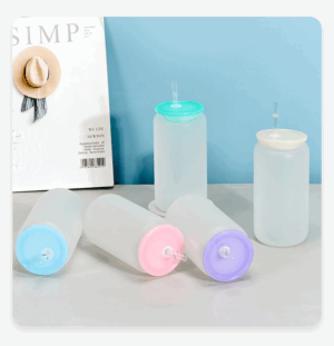 16oz Clear & Frosted Beer Glass Can with Plastic Colored Lids