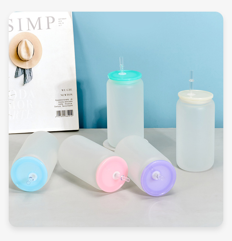 16oz Clear & Frosted Beer Glass Can with Plastic Colored Lids