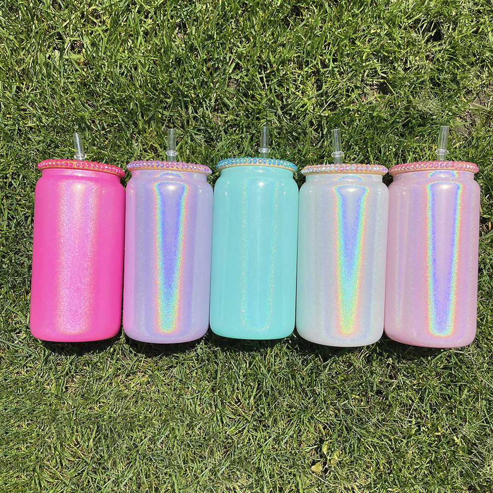 Sublimation Shimmer Glitter 16oz Can Glass with Jeweled Lid