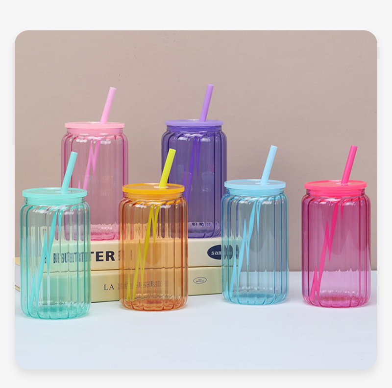 Sublimation 16oz Borosilicate Ribbed Glass Can with Colored PP Lids & Straws