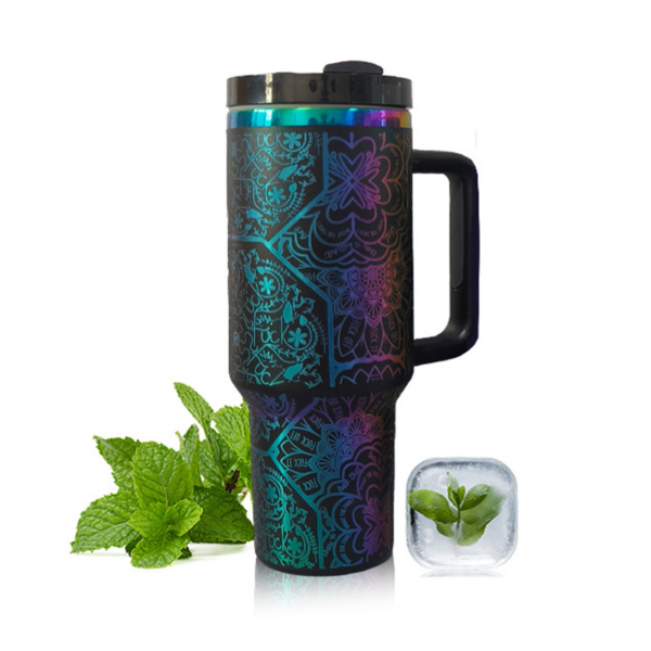 40oz Stainless Steel Iridescent Plated and Laser Engraved Travel Mug with Handle