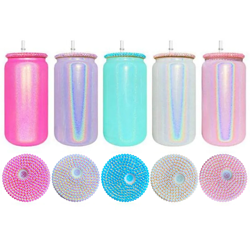 Sublimation Shimmer Glitter 16oz Can Glass with Jeweled Lid
