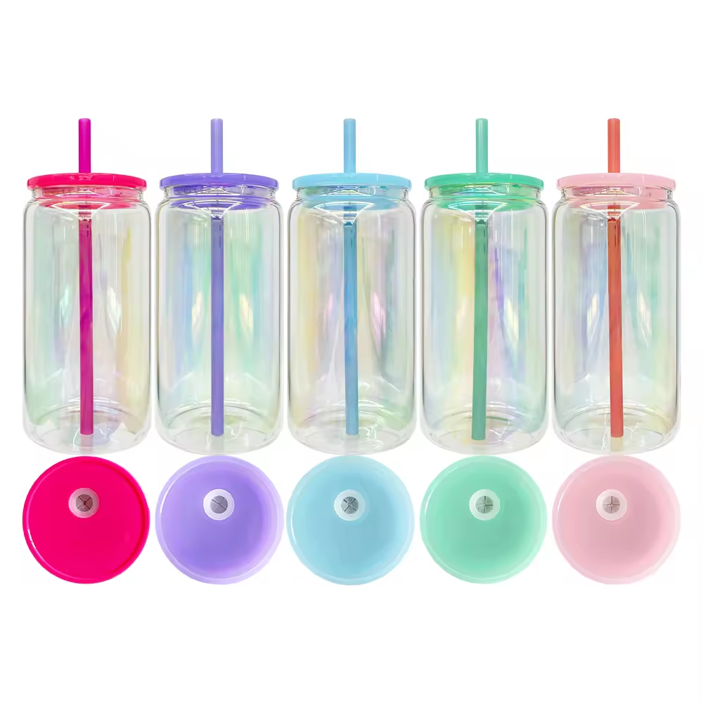 16oz Rainbow Plated Beer Glass Can with Colored Lids & Straws