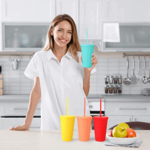 16oz Candy Color Plastic Acrylic Tumbler Coffee Cups With Straws