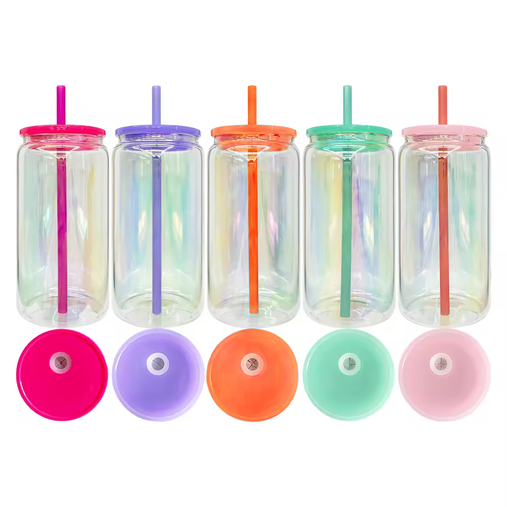 16oz Rainbow Plated Beer Glass Can with Colored Lids & Straws