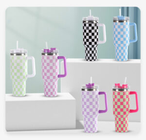 H1.0 Checkerboard Printing Stainless Steel Mug with Handle & Straw - Real Shots