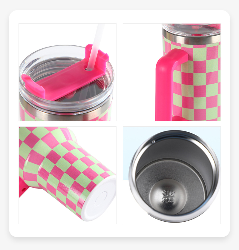 H1.0 Checkerboard Printing Stainless Steel Mug with Handle & Straw - Details