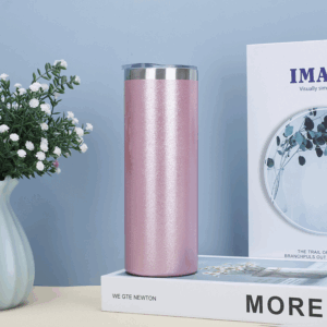 20oz Rough Glitter Straight Sublimation Skinny Tumbler with Silver Rim - Pink