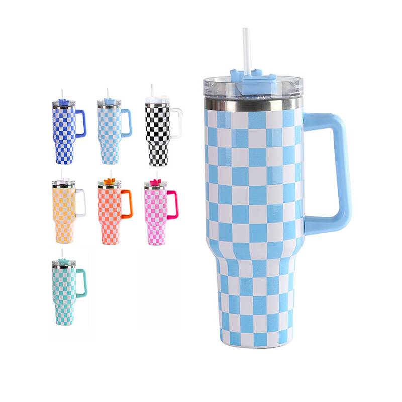 H1.0 Checkerboard Printing Stainless Steel Mug with Handle & Straw