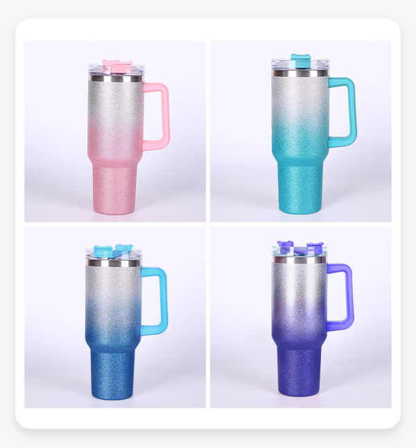 16pcs Shiny Gradient Shimmer Glitter 40oz Sublimation Tumblers with Handle