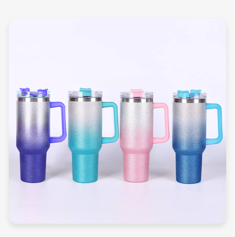 16pcs Shiny Gradient Shimmer Glitter 40oz Sublimation Tumblers with Handle
